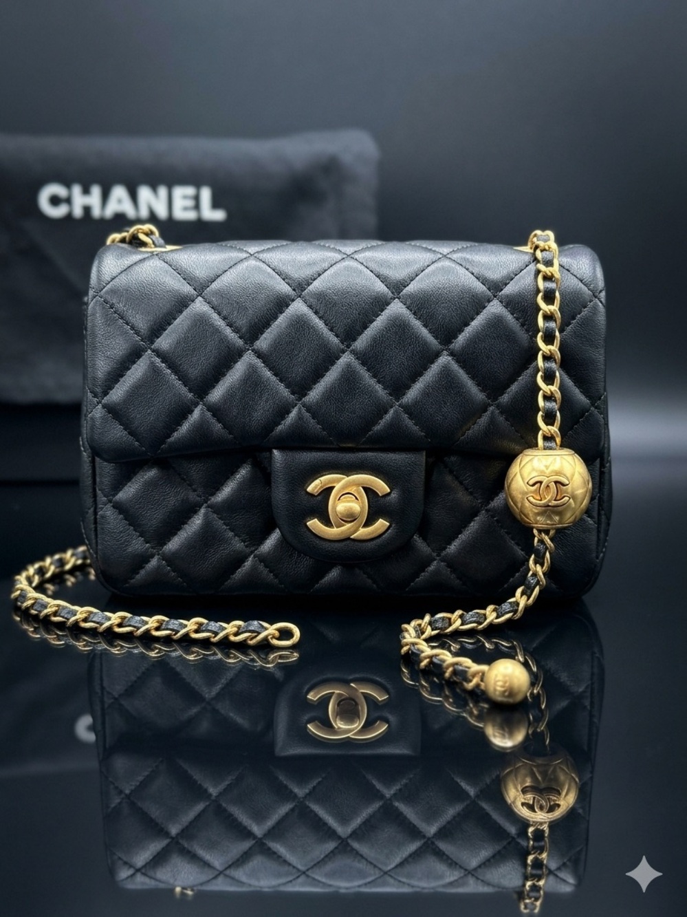 Black Square Mini Flap Bag with Gold Tone Crush Ball